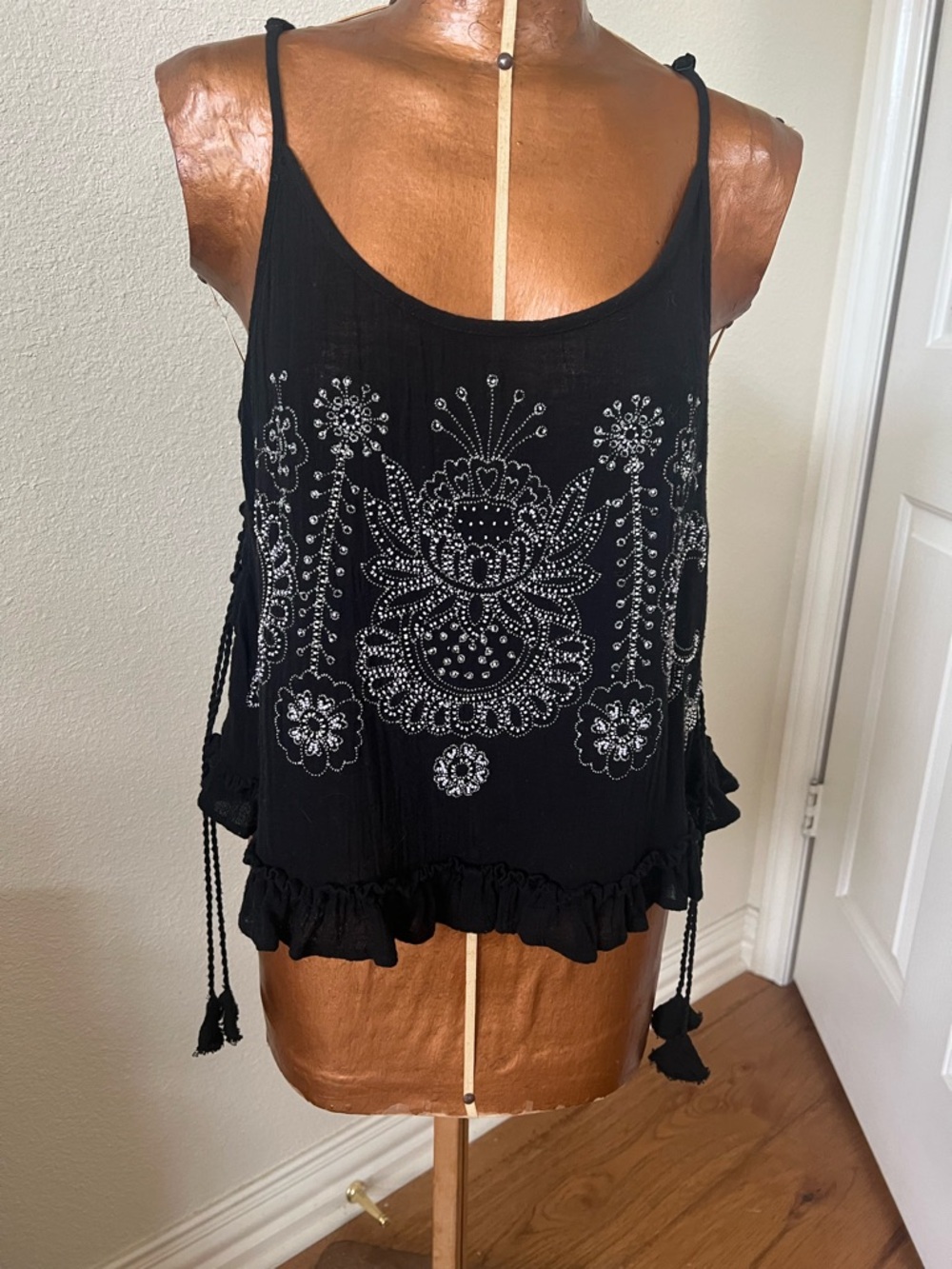 Free People Black with White Beaded Design Sleeveless Boho Top